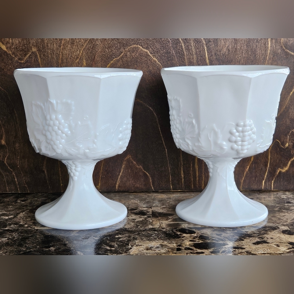 Milk Glass Pedestal Compote Bowl Harvest Grapes Pattern